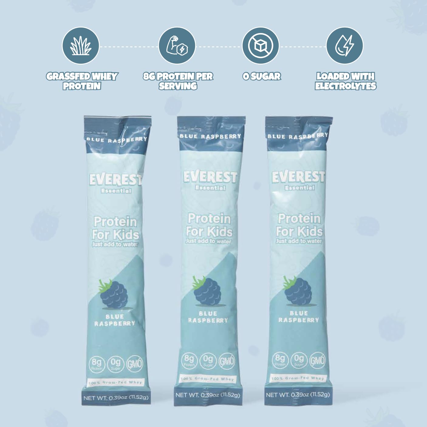 Everest Essential, Kid's Clear Whey Protein Powder (Blue Raspberry, 10 Packets) Protein Drink Mix for Kids, Electrolytes for Kids, 8g Protein Per Serving, Non GMO, Zero Added Sugar