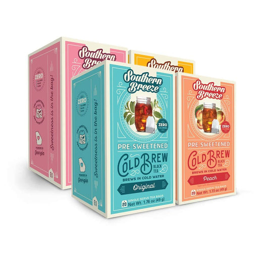Southern Breeze Cold Brew Sweet Tea Variety Pack Iced Tea with Black Tea and Zero Carbs Zero Sugar 20 Individually Wrapped Tea Bags Pack of 4 Original Raspberry Peach and Half  Half