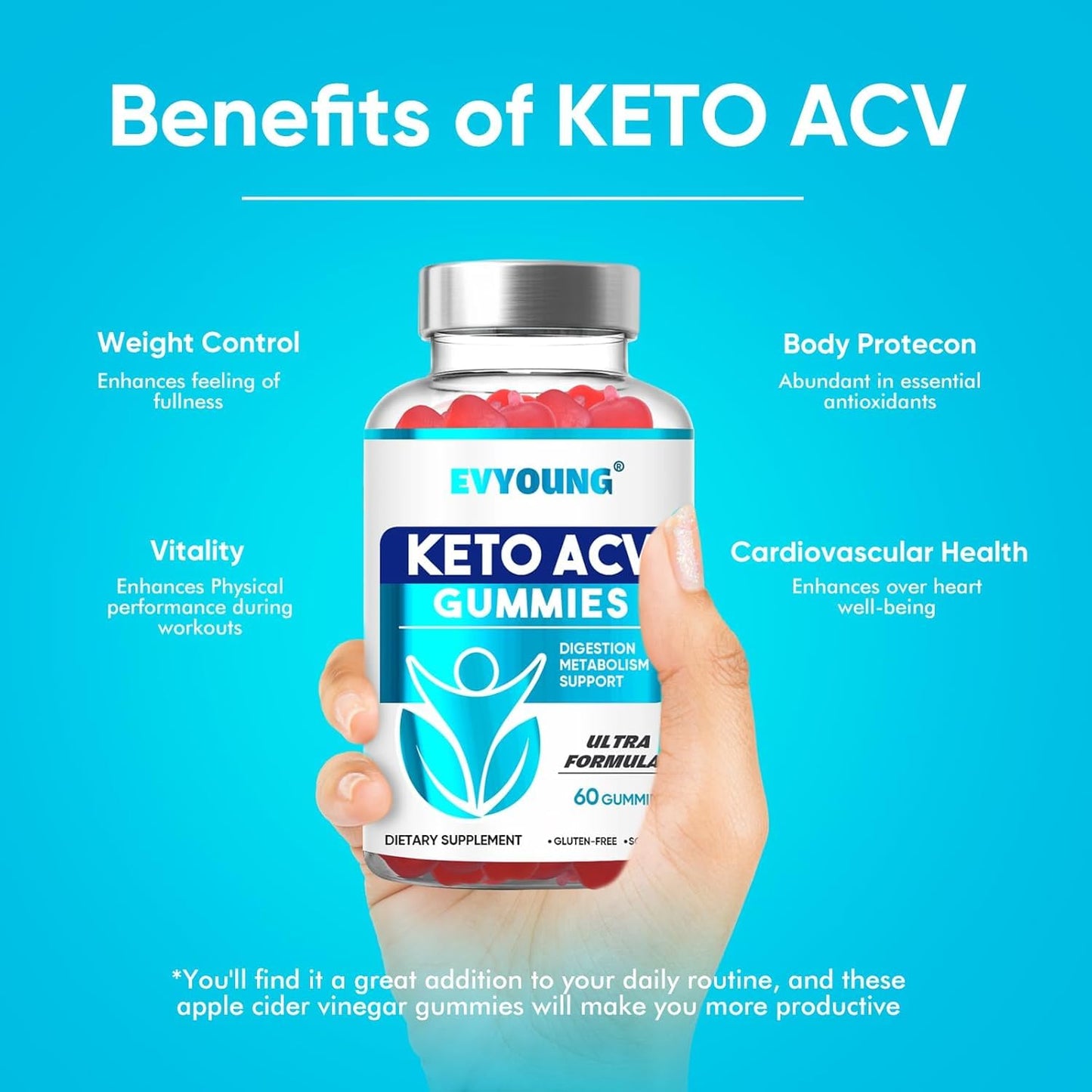 EVYOUNG Keto ACV Gu mmies,2000mg Apple Cider Vinegar Gummies,Extra B6 B12 Folate Support,for Women and Men Weight Loss (60 Gummies)