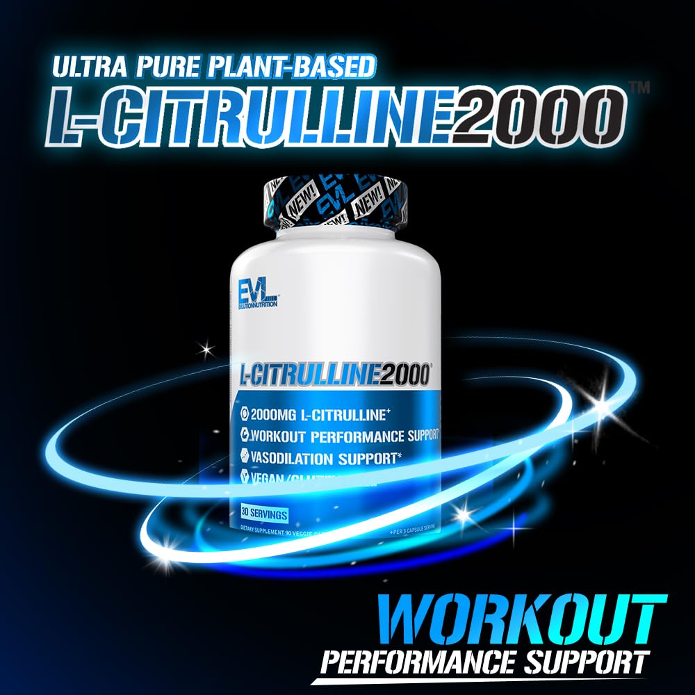 Evlution L-Citrulline2000 Nitric Oxide Supplement for Men Nutrition High Strength L Citrulline Capsules for Enhanced Muscle Strength Recovery and Intense Pumps - Plant Based Nitric Oxide Booster