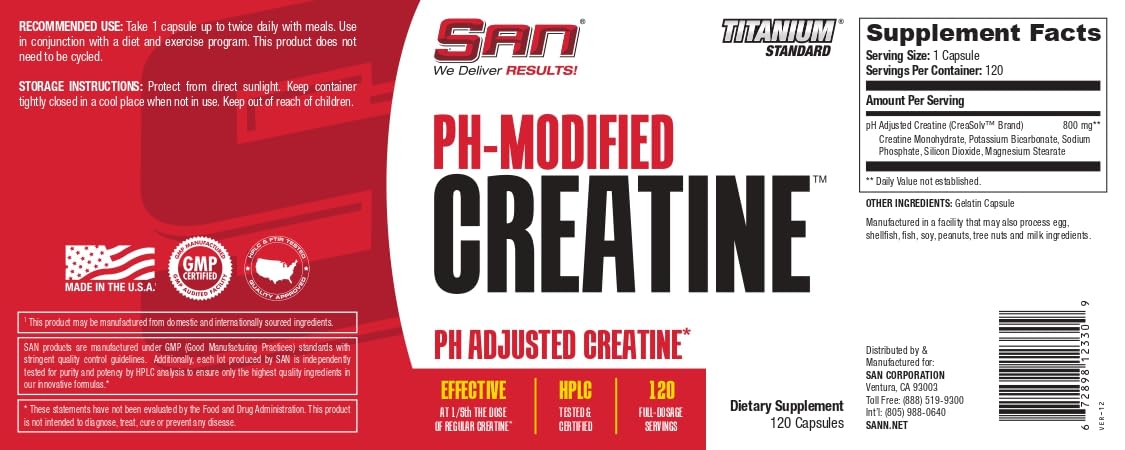 SAN Nutrition PH Modified Creatine - Buffered Formula for Enhanced Muscle Strength and Performance, 120 Servings