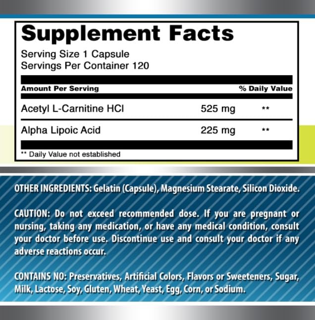 Amazing Formulas ALA/ALC (Alpha Lipoic Acid/Acetyl L-Carnitine) Supplement | 750 Mg Per Serving | 120 Capsules | Non-GMO | Gluten-Free | Made in USA