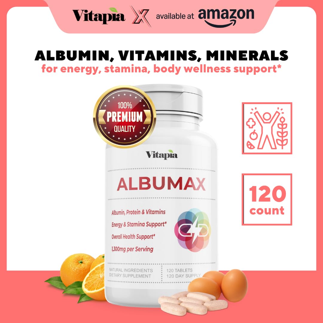 Albumin Supplement with Vitamin B Complex, Amino Acids, Egg White & Whey Protein Powder - Energy, Stamina, Immune, Wellness Support - 120 Tablets, Non-GMO, Gluten-Free