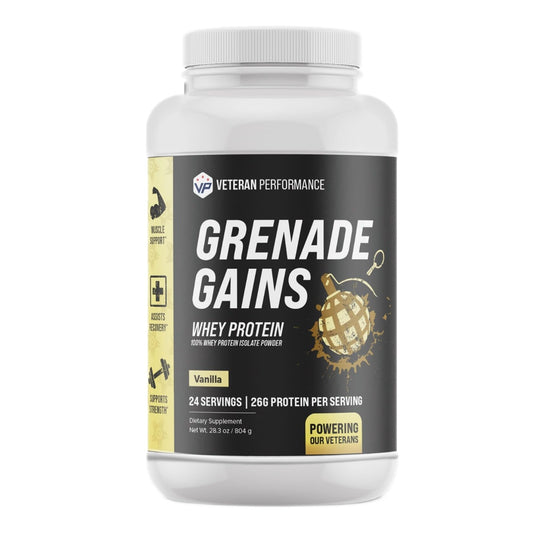 Veteran Performance Grenade Gains 100% Whey Protein Powder Vanilla - Tasty Whey Protein Concentrate & Whey Protein Blend Power 1.76 Pounds -21g Protein, 85mg Calcium, 3g fiber Supports muscle building