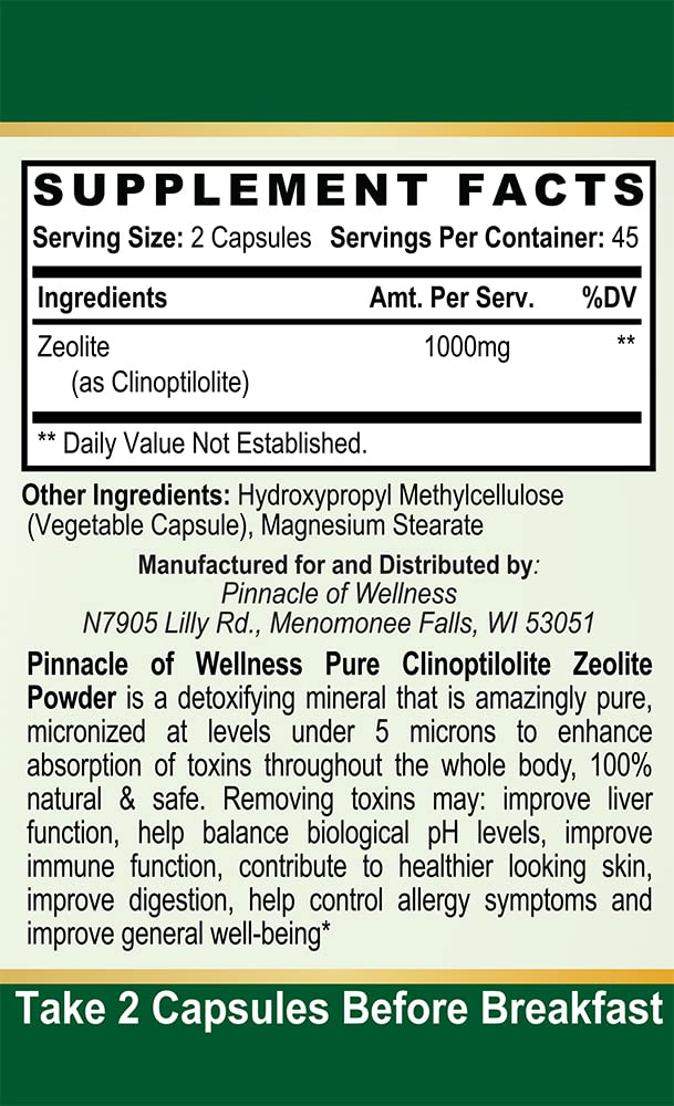 Pinnacle of Wellness Pure Clinoptilolite Zeolite Powder - Detox Cleanse Dietary Supplement - 90 Capsules