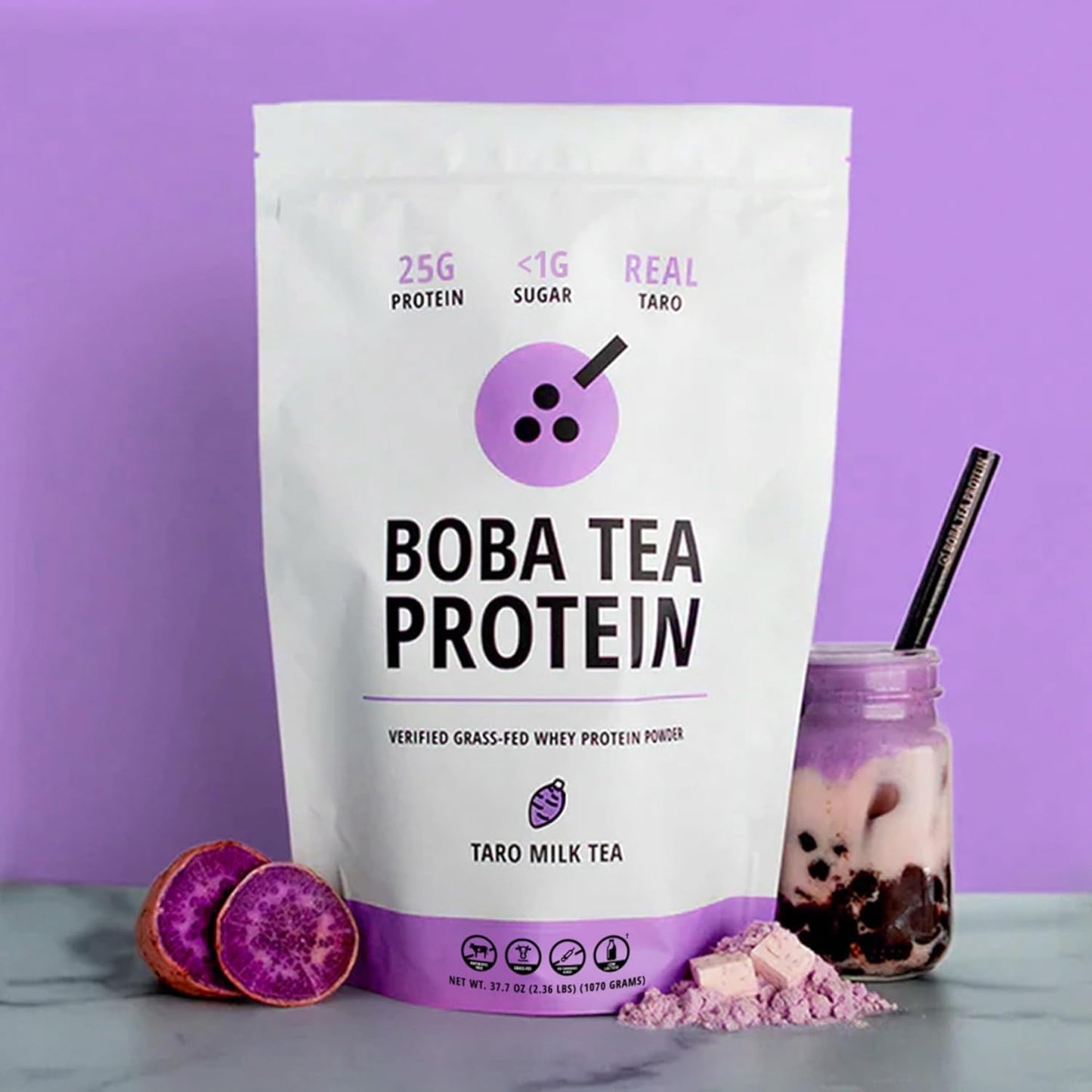 Boba Tea Protein Taro Milk | 25g Grass-Fed Whey Protein Isolate Powder | Gluten-Free & Soy-Free Bubble Tea Drink | Real Ingredients & Lactose-Free Protein Drink | 25 Servings