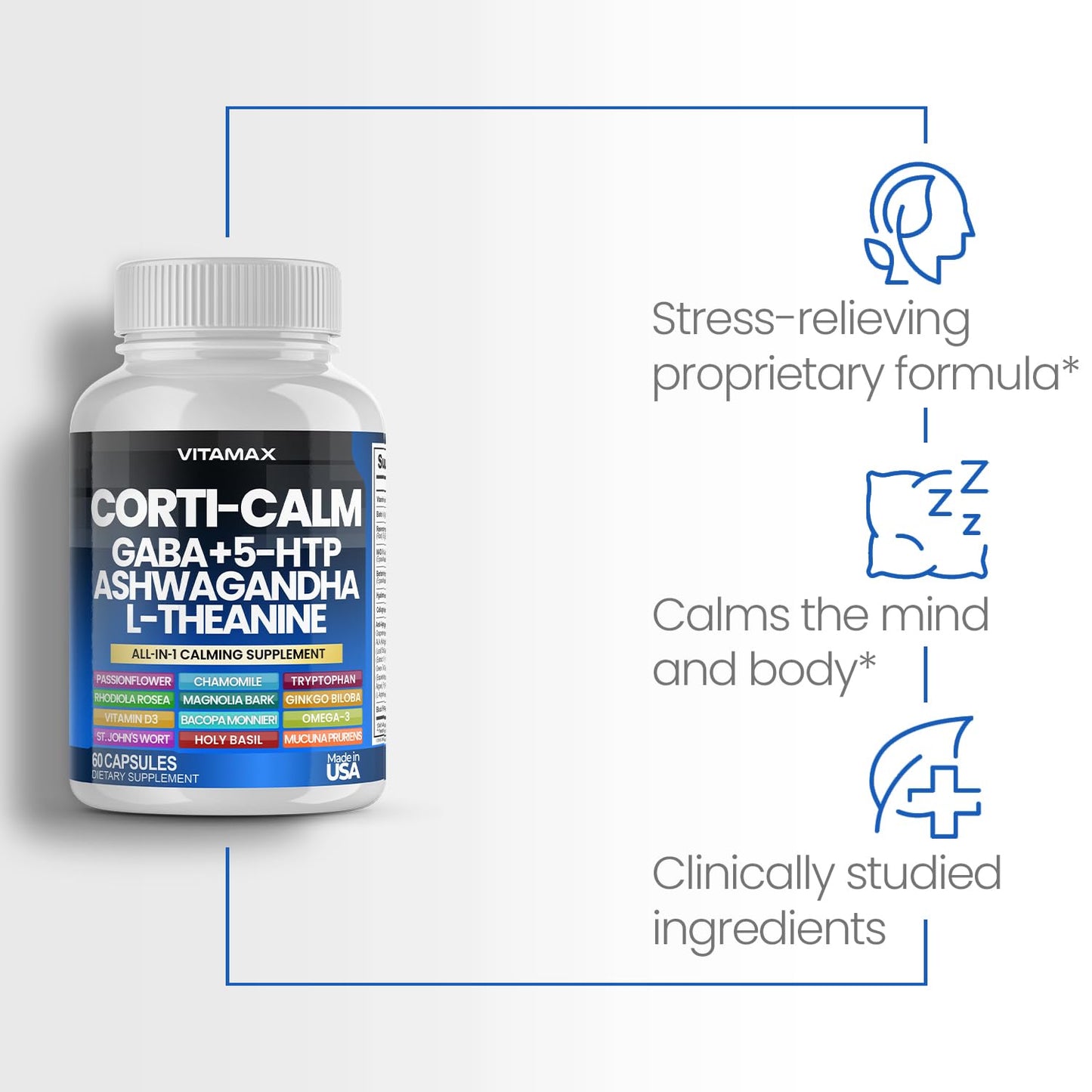 Corti-Calm Cortisol Supplement, L Theanine, Ashwagandha, Vitamin D 3, GABA for Relaxation, Fatigue & Focus with Ginkgo Biloba, Bacopa Monnieri, 5-HTP - Non-GMO, Made in USA - 60ct