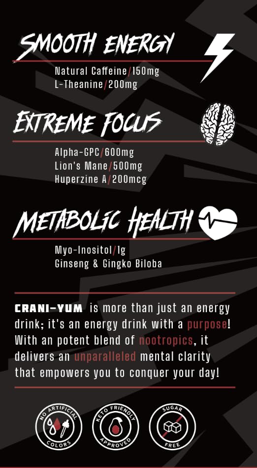 CraniYum Nootropic Energy Drink  12 Pack Variety Pack  Dr Yum  Grapefruit Soda 16oz  Energy  Focus Sugar Free No Artificial Colors Lions Mane Alpha GPC LTheanine Gingko Biloba Ginseng Inositol