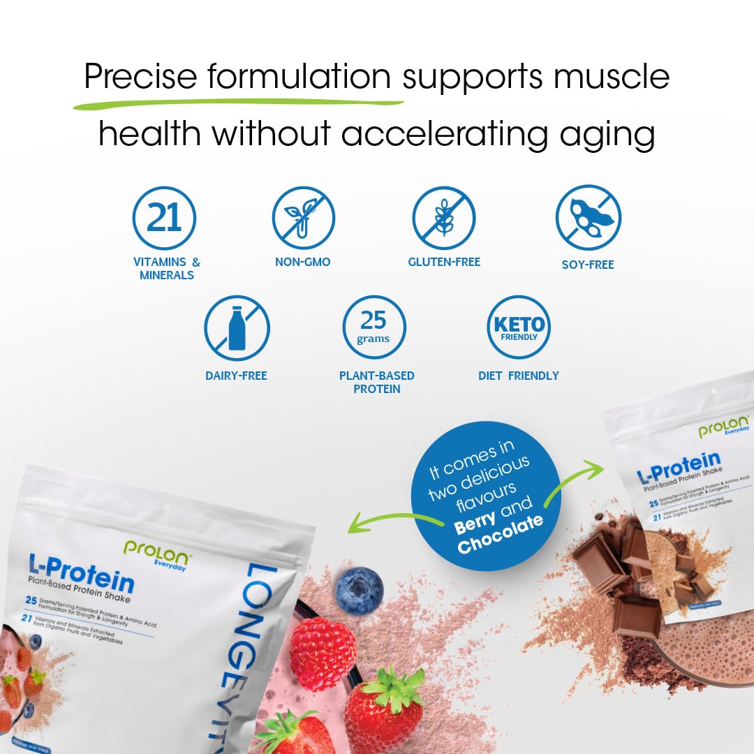 ProLon Longevity Plant Based Protein Powder | Muscle Synthesis & Repair, Healthy Aging, Boost Performance | Vitamins, Gluten Free, Amino Acids | 25g of Protein | Chocolate and Berry, 24 Packets