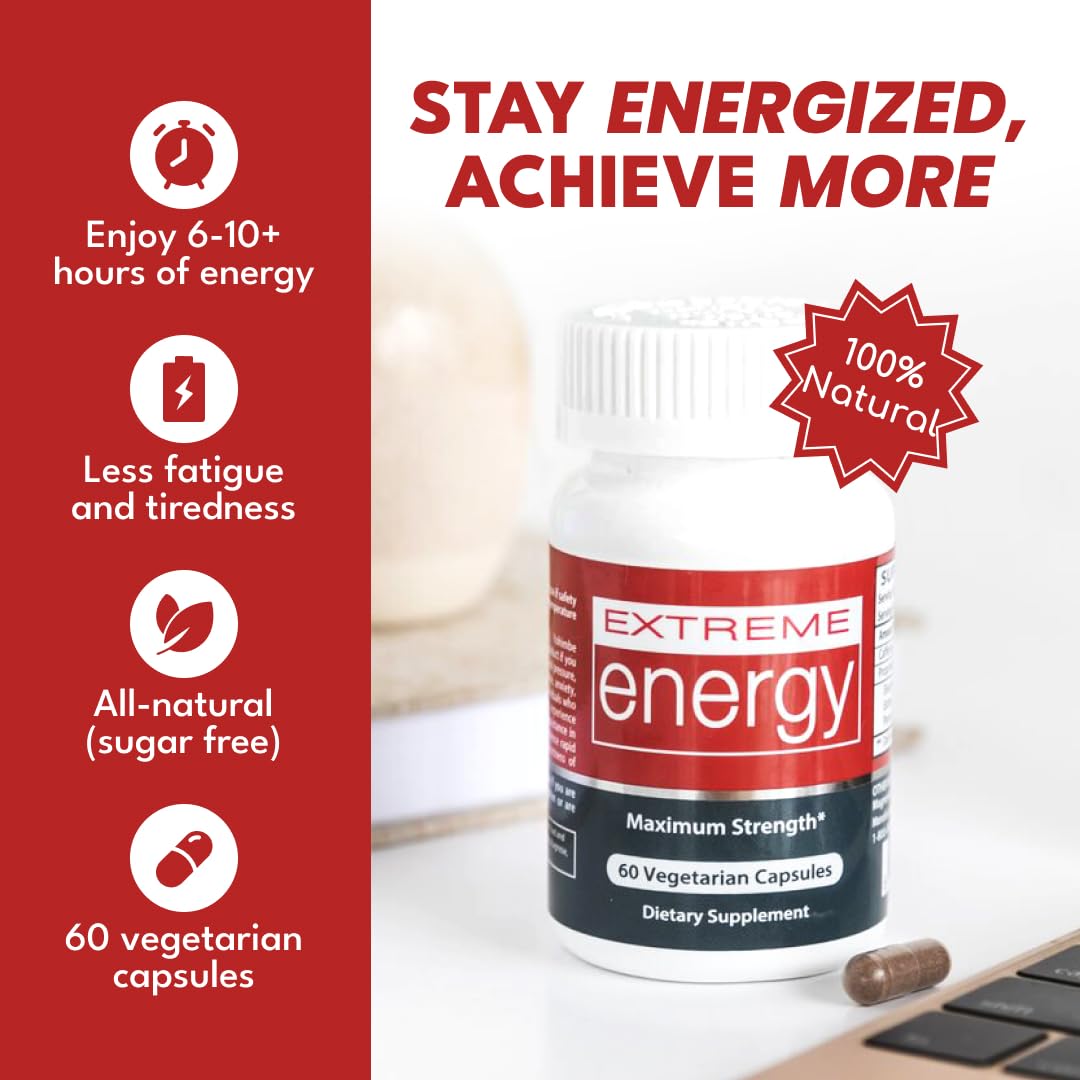 Extreme Energy Pills - Maximum Strength All-Natural Energy Supplements for Fatigue, Focus, Motivation - Long-Lasting, Powerful Energy Without Crash, Jitters, Sugar (60 Ct)