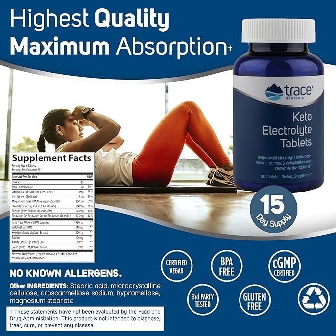 Trace Minerals Keto Electrolyte Tablets - Electrolyte Supplement to Aid Against Dehydration - Endurance Supplement with Minerals - Supports Performance & Muscle Recovery - 90 Tablets (15 Servings)