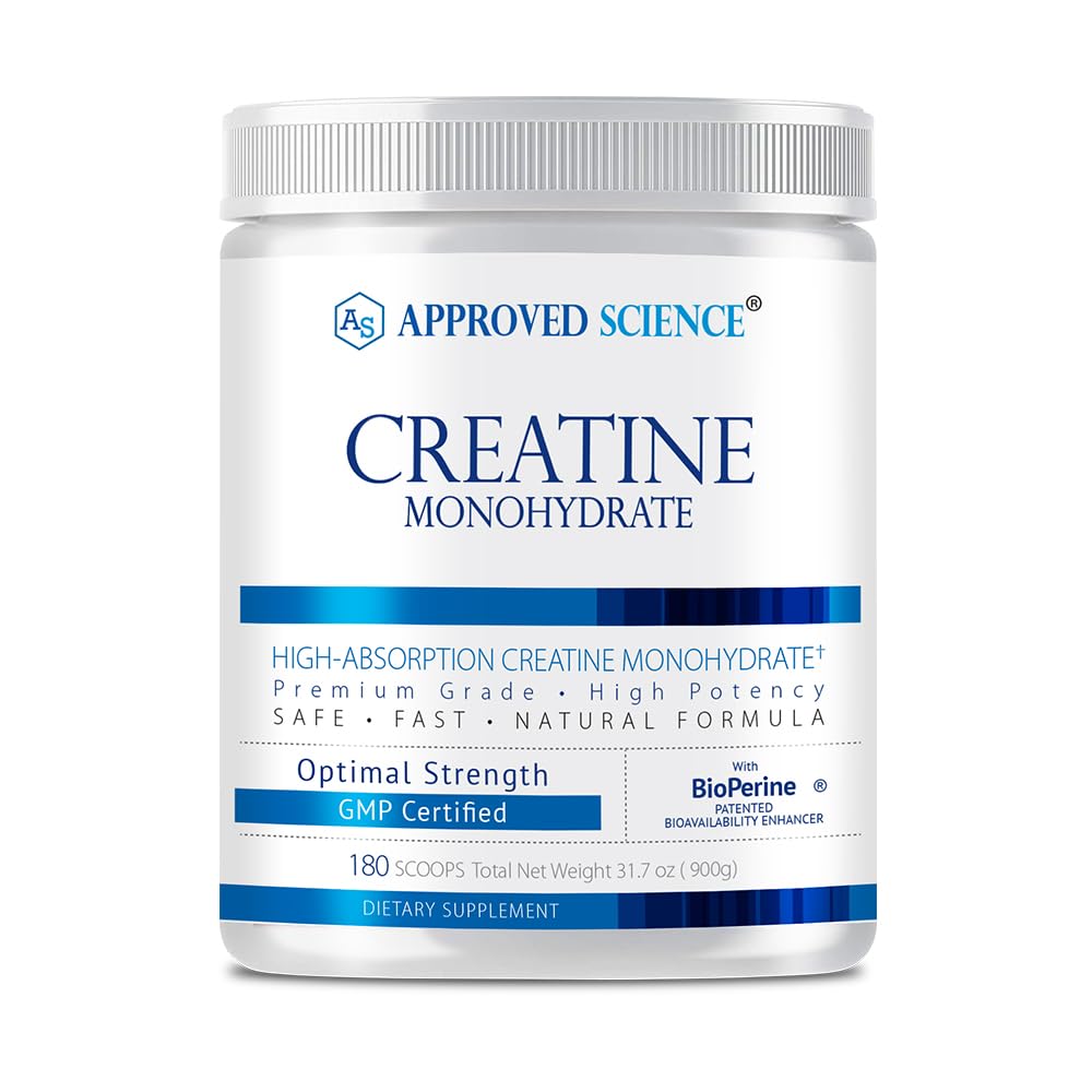 Approved Science Creatine Monohydrate Powder with BioPerine - Supports Lean Muscle Growth and Recovery - 180 Servings - 5g Per Serving - Unflavored - Non-GMO, Vegan