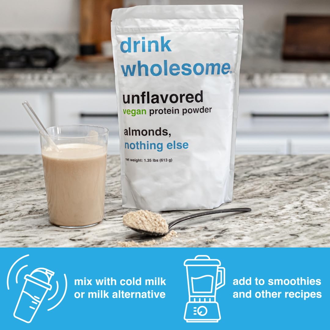 drink wholesome Vegan Unflavored Almond Protein Powder | for Sensitive Stomachs | Gut Friendly | No Artificial Sweeteners | No Sucralose | No Stevia | Low Sodium | Safe for Kids & Seniors