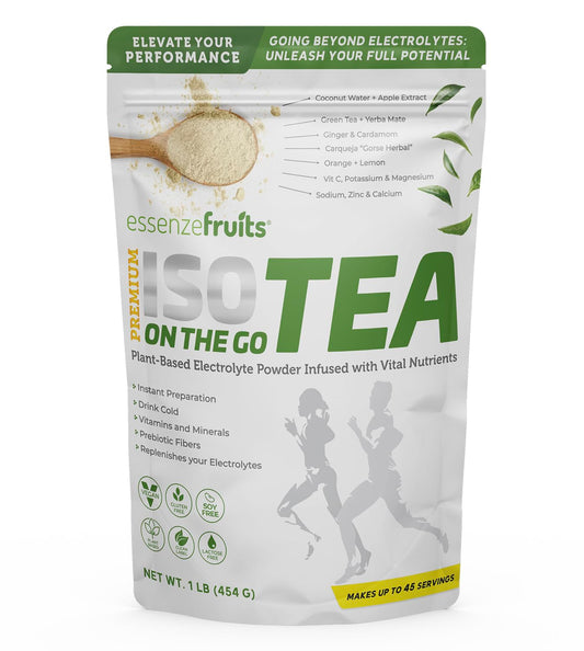 Essenzefruits ISOTEA Plant-Based Electrolytes Powder & Hydration - Daily Drink - Low Sodium and Stevia Free 1 lb (454 g) Pack - Made with 9 Superfoods + 5 High Performance Minerals (45 Servings)
