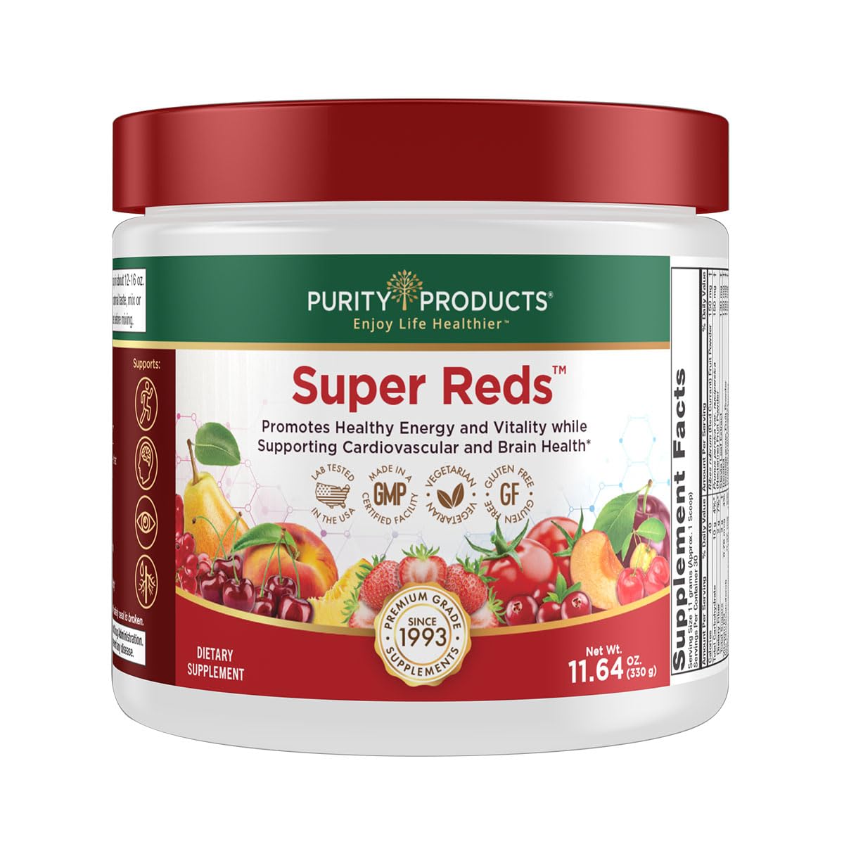 Purity Products Super Reds Powder Phytonutrient Superfood Drink Mix w/FloraGLO Lutein - Phytonutrient Blend containing Polyphenols, Antioxidants & More - 330 Grams - 30 Day Supply