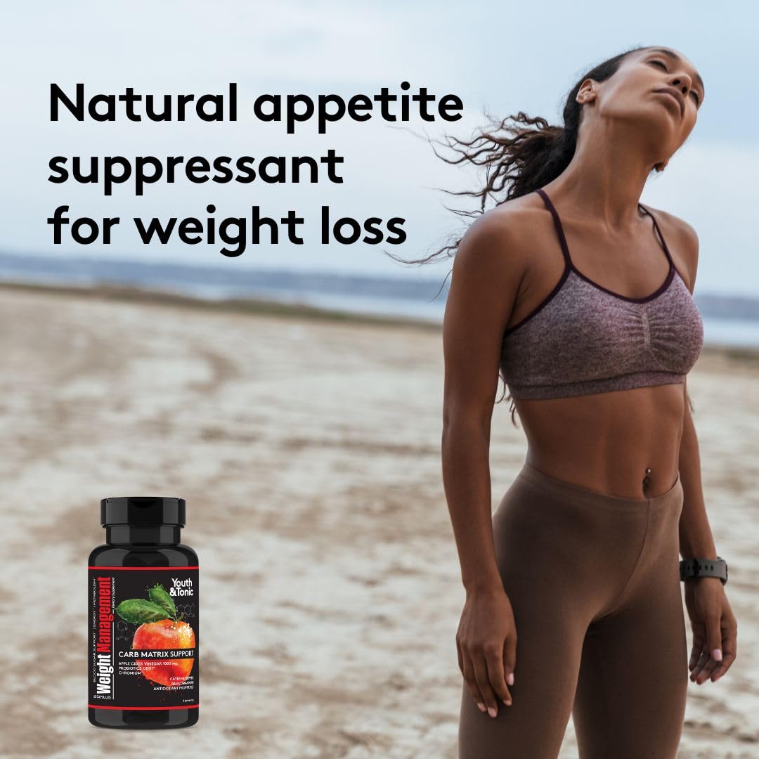 Youth & Tonic Weight Management Carb Matrix Support for Appetite Suppressant, Hunger Control, Metabolism Booster, Natural Detox & Gut Cleanse for Women & Men, 60 Pills w/ACV, Glucomannan, Chromium