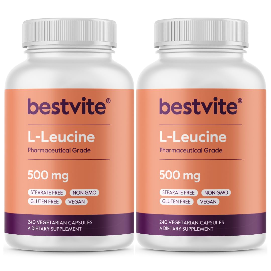 BESTVITE L-Leucine 500mg per Capsule (480 Vegetarian Capsules) (240x2) - No Stearates - No Fillers - No Flow Agents - Vegan - Non GMO - Gluten Free