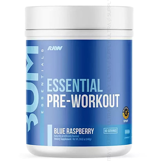 RAW CBUM Essential Pre Workout Powder, Blue Raspberry, 1.85 lbs (60 Servings) - Energy, Endurance & Pump Boost with Caffeine, L-Citrulline & Beta Alanine