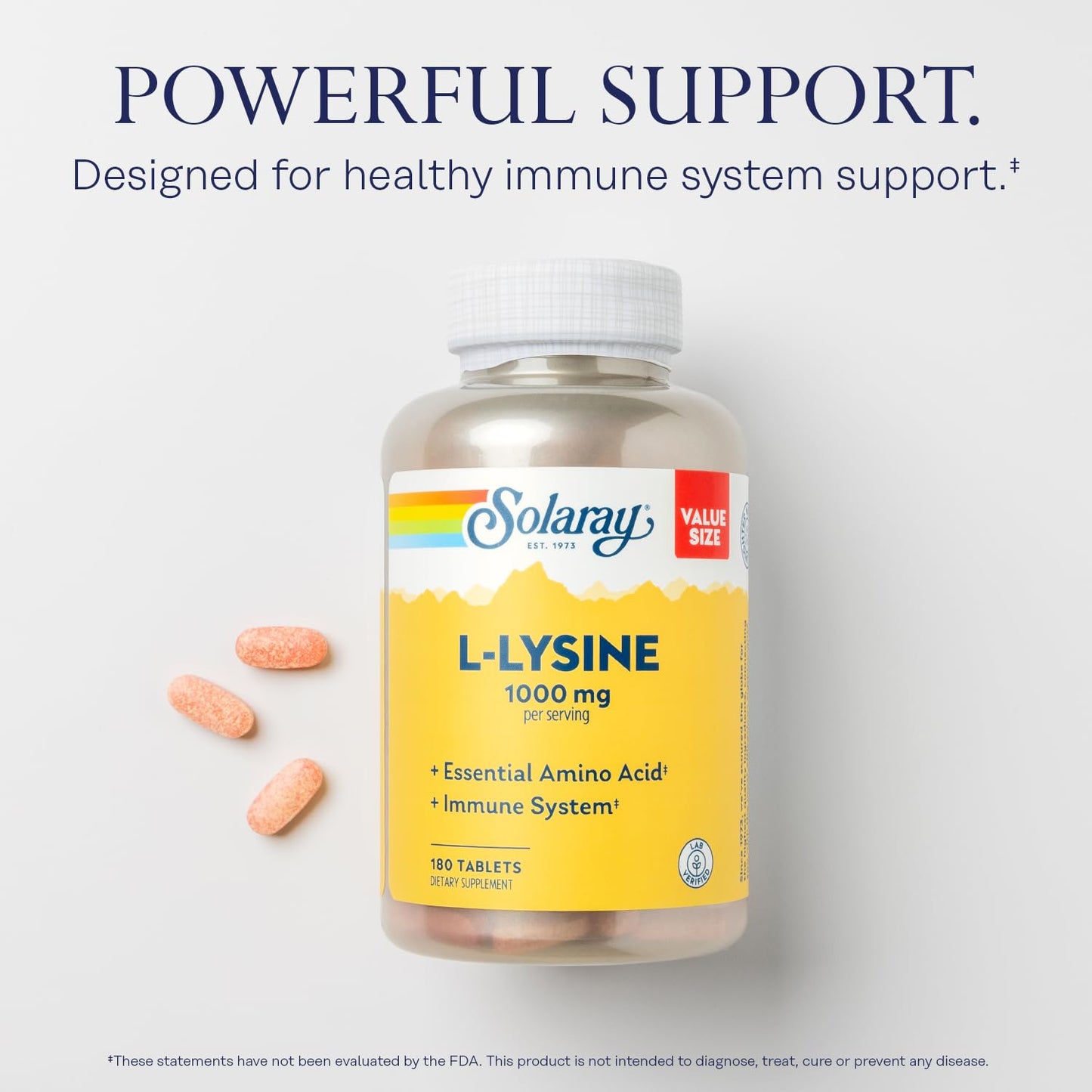 SOLARAY L-Lysine, Free-Form 1000 mg, Essential Amino Acid Immune Support Supplement with Vitamin C 1,000 mg and Zinc 25 mg, Value Size, Lab Verified, 60-Day Guarantee, 60 Servings, 180 Tablets