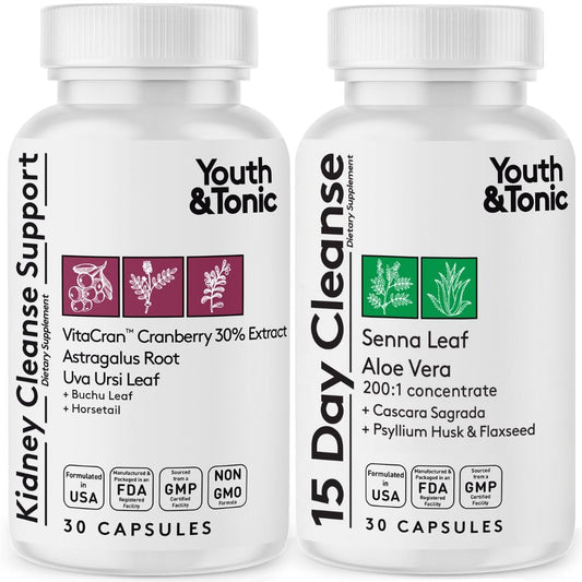 Youth & Tonic 15 Day Colon & Kidney Cleanse - Full Body Detox Pills for Bloating, Gut, Bladder, Urinary Tract & Kidney Flush Support - Senna & Cranberry Herbal Supplement, 60 Pills for Men & Women