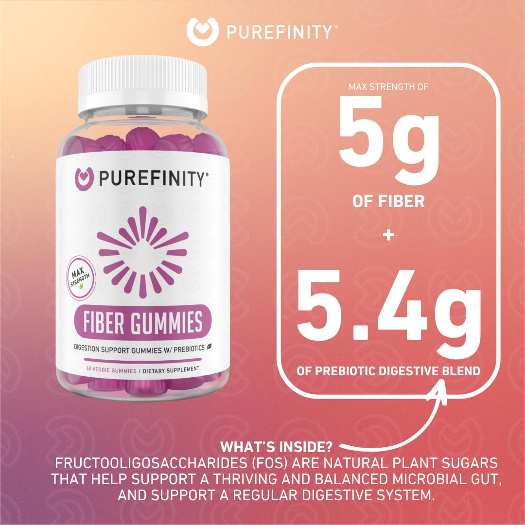 PUREFINITY Fiber Gummies for Adults with Inulin FOS from Chicory Root, Sugar Free Prebiotic Supplement for Daily Digestion & Constipation Support - Non-GMO, Vegan, 60 Count
