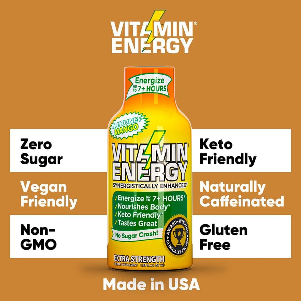 Vitamin Energy Immune+ Extra Strength Energy Shot - Mango - 100% DV B-Vitamins & 260mg Caffeine - Zero Calories, Sugar-Free, Vegan, Non-GMO - Immunity & Energy Support - 1.93 fl oz, 12-Pack