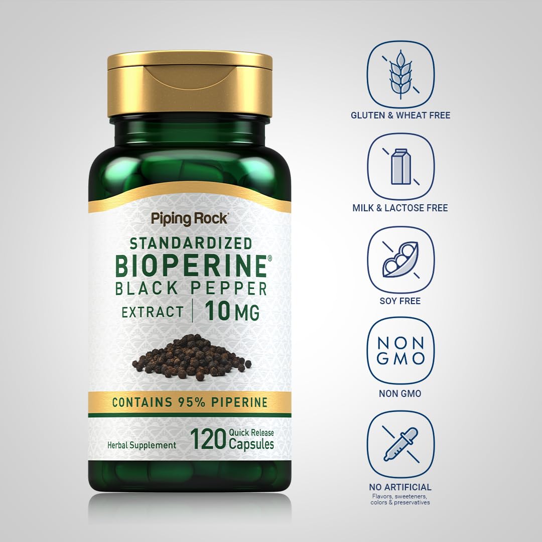 Piping Rock Bioperine Supplement 10mg | 120 Capsules | Black Pepper Extract | 95% Piperine | Gluten Free, Non-GMO