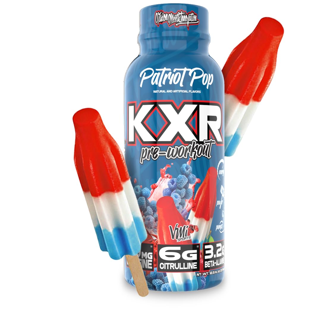 KXR High Stimulant Pre-Workout Energy Ready To Drink by VMI Sports | 400mg Caffeine, 6g Citrulline, 3.2g Beta-Alanine | Delicious - Convenient - Powerful | 12.5 oz bottles (Patriot Pop, 12 bottles)
