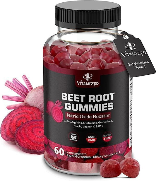 VITAMIZED Beet Root Gummies - Super Nitric Oxide Beets Supplement - Red Beetroot Heart Chews with Grape Seed Power & B12- Pomegranate Flavor, 60 Chewables Beets