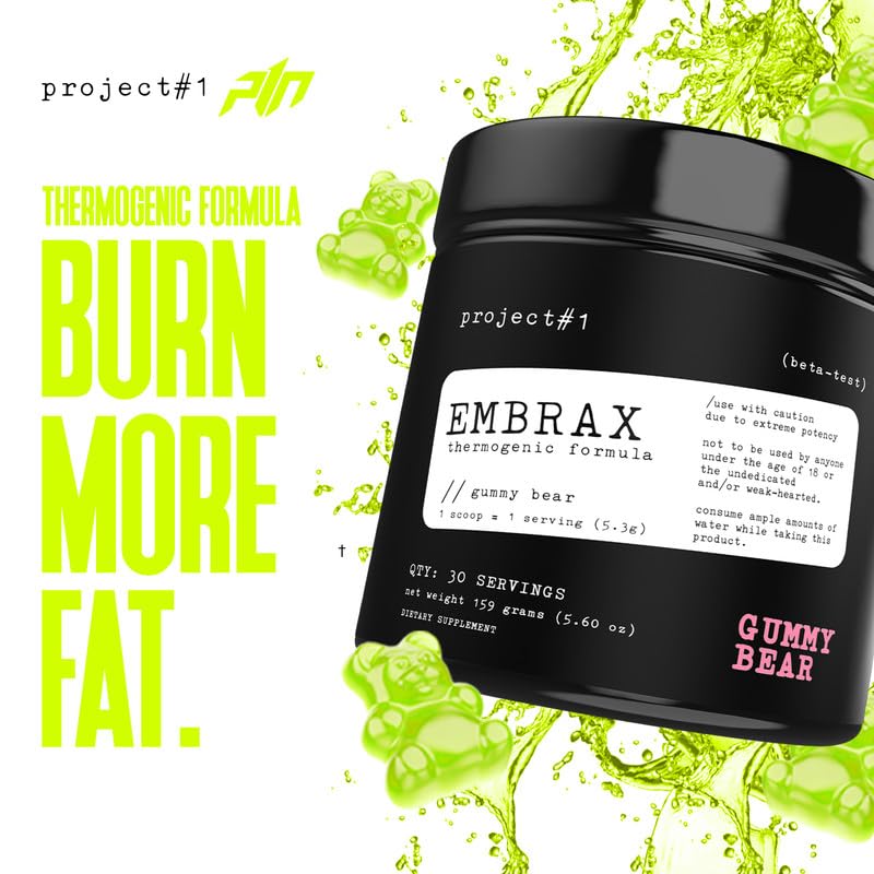 Project #1 Embrax: Thermogenic Preworkout Fat Burner Men & Women - Best Belly Fat Burners for Women & Men, L-Carnitine Supplement Pre Workout Powder for Men & Women | [30 Servings] - Gummy Bear