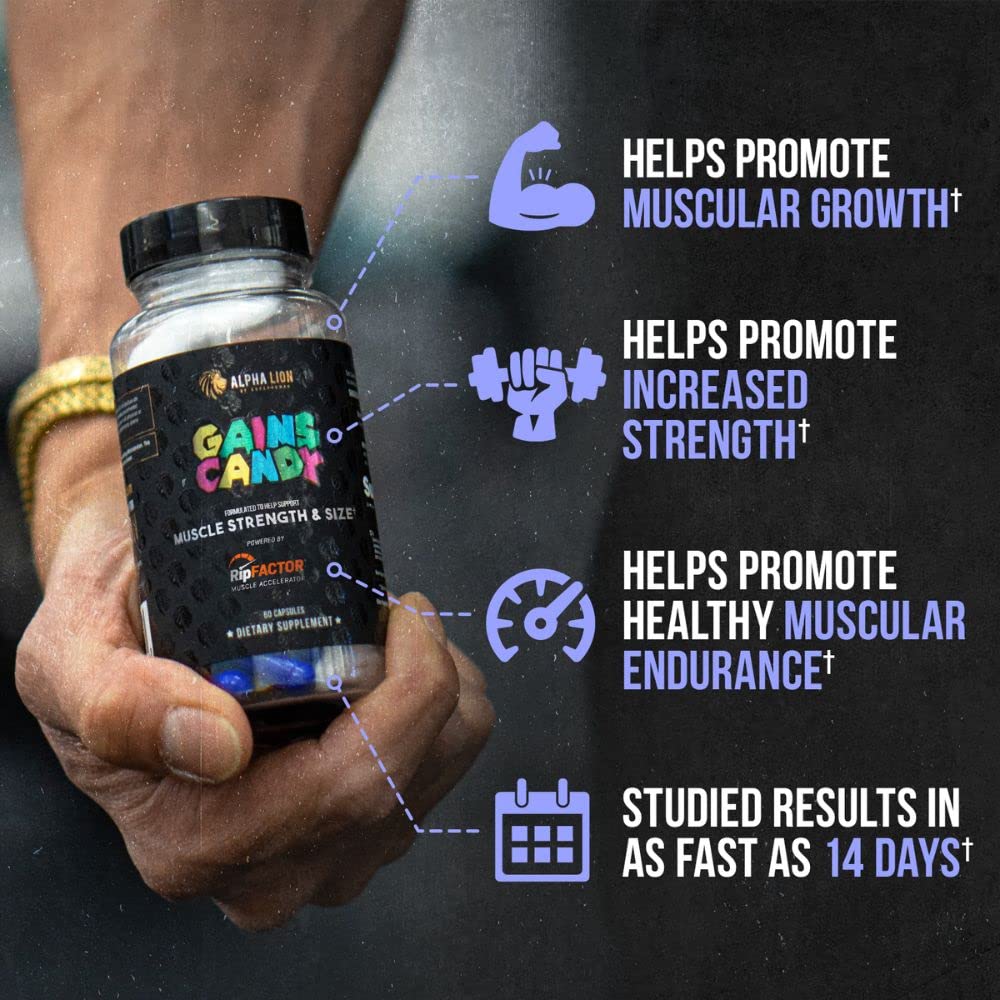 ALPHA LION Gains Candy, Supplement Pills for Muscle Growth, Size, & Strength, Nitric Oxide Booster, Muscle Builder, Use Daily to Upgrade Energy & Workout Performance, 60 Capsules (RipFACTOR®)