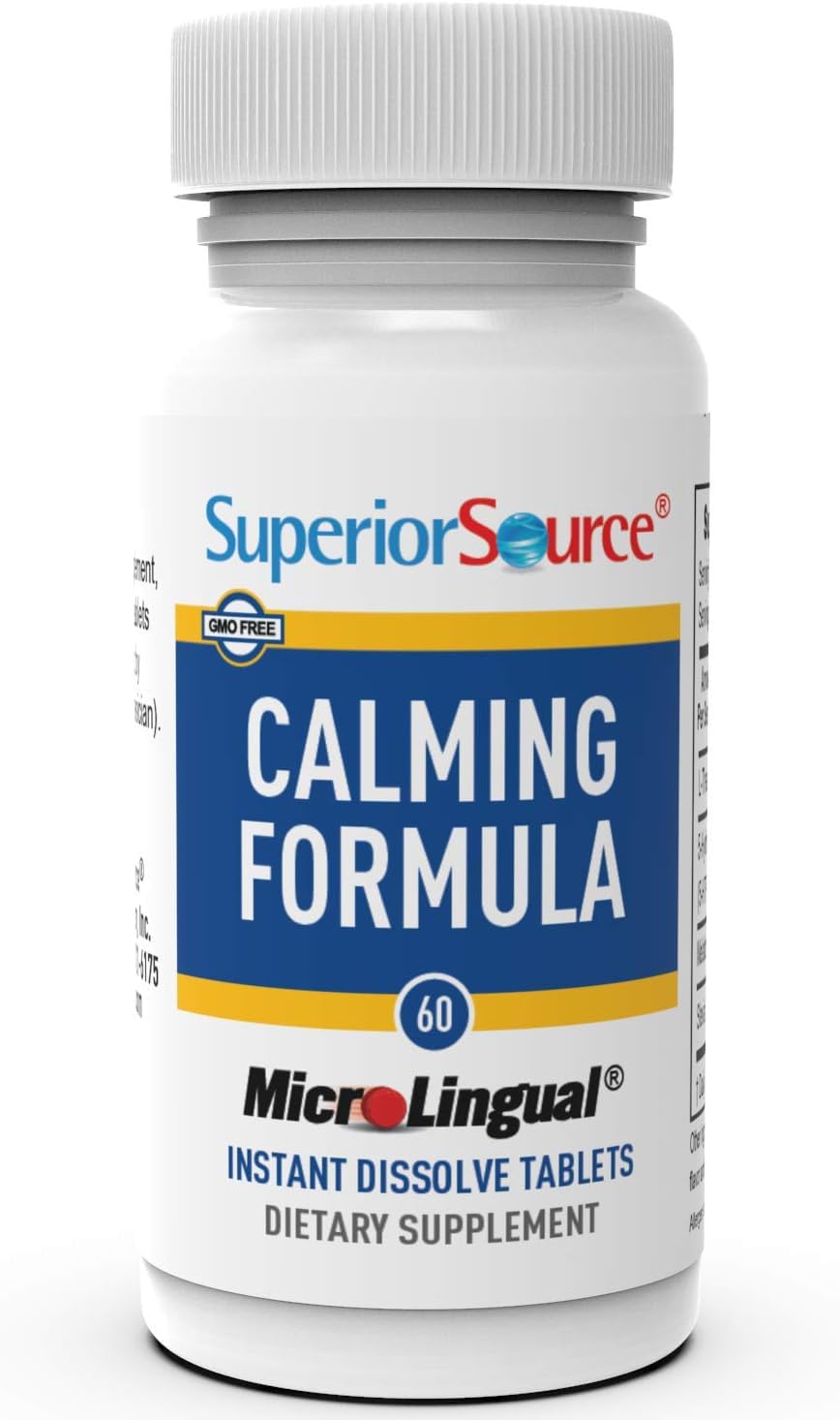Superior Source Calming Formula, L-Theanine, Melatonin, Under The Tongue Quick Dissolve MicroLingual Tablets, 60 Ct, 5-HTP for Enhanced Serotonin Conversion, Positive Mood and Sleep Support, Non-GMO