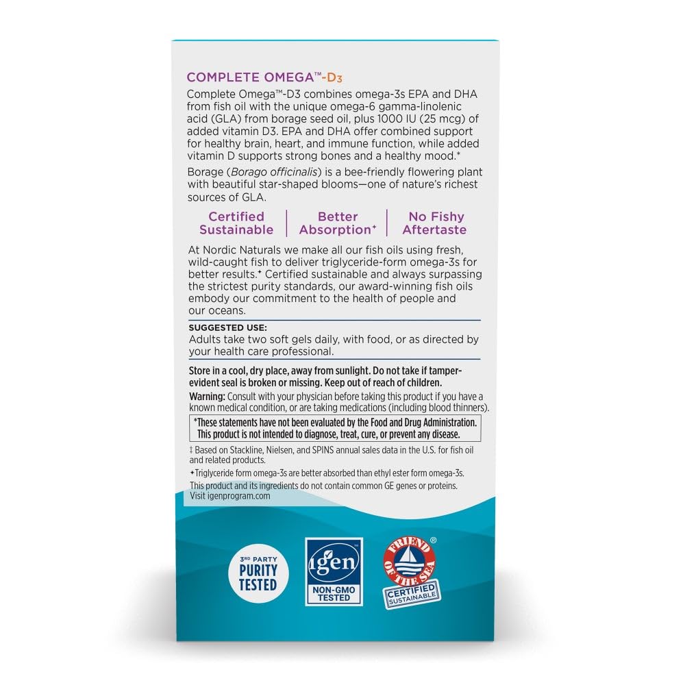 Nordic Naturals Complete Omega-D3, Lemon Flavor - 60 Soft Gels - 565 mg Omega-3 + 70 mg GLA + 1000 IU Vitamin D3 - EPA & DHA - Healthy Skin, Cognition, & Positive Mood - Non-GMO - 30 Servings