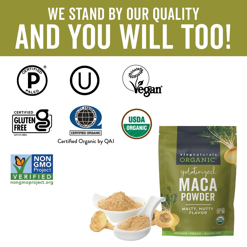 Viva Naturals Organic Maca Powder  Gelatinized Maca Powder Organic Vegan and Kosher Peruvian Superfood  Certified USDA Organic GlutenFree  NonGMO 8 oz Resealable Bag