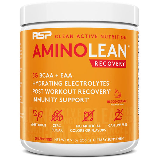 RSP AminoLean Recovery - Post Workout BCAAs Amino Acids Supplement + Electrolytes, BCAAs and EAAs for Hydration Boost, Immunity Support - Muscle Recovery Drink, Vegan Aminos, Blood Orange…