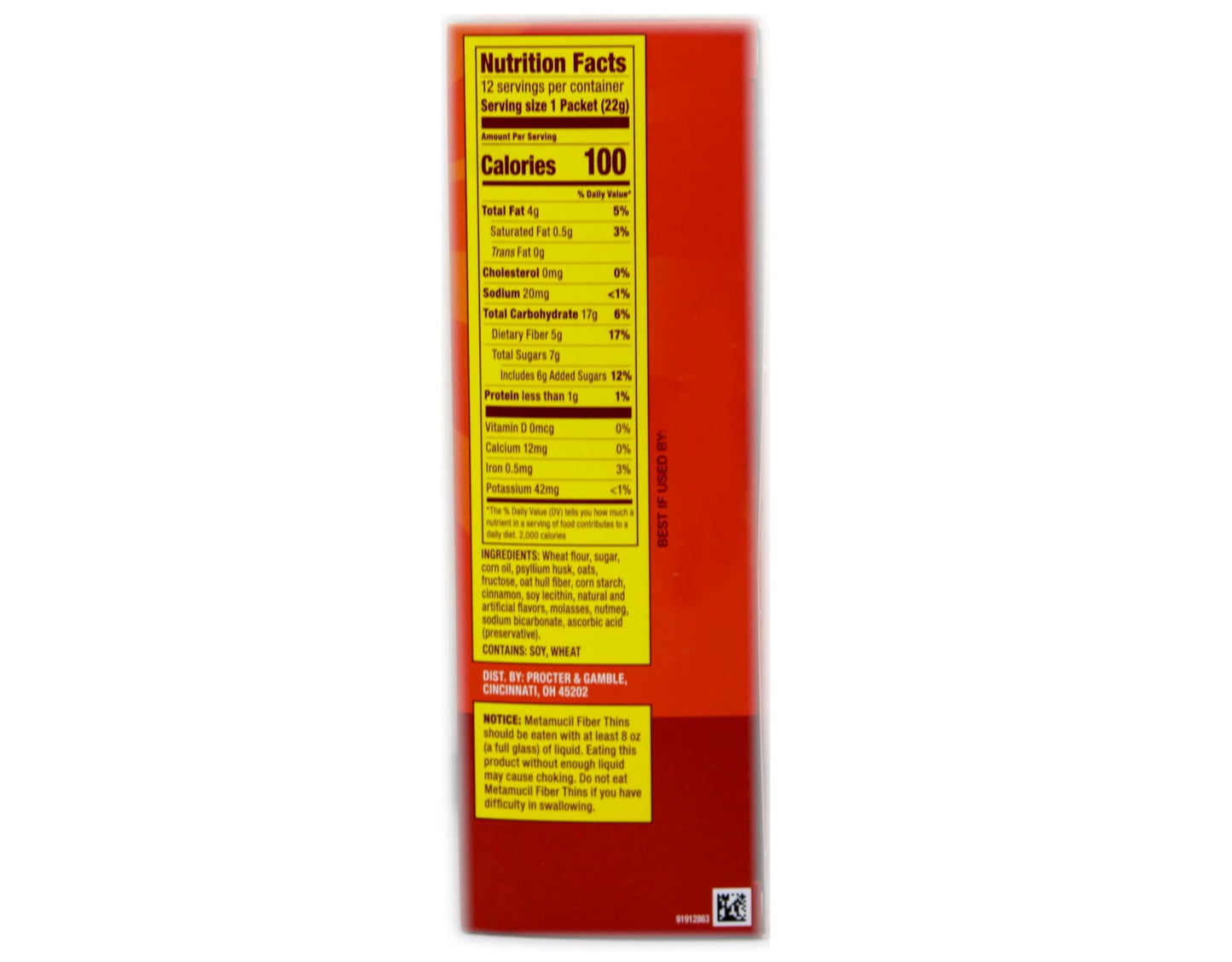 Metamucil Fiber Thins Cinnamon Spice 3-boxes of 12 packets. Each of the 12 packets contain 2 fiber thins