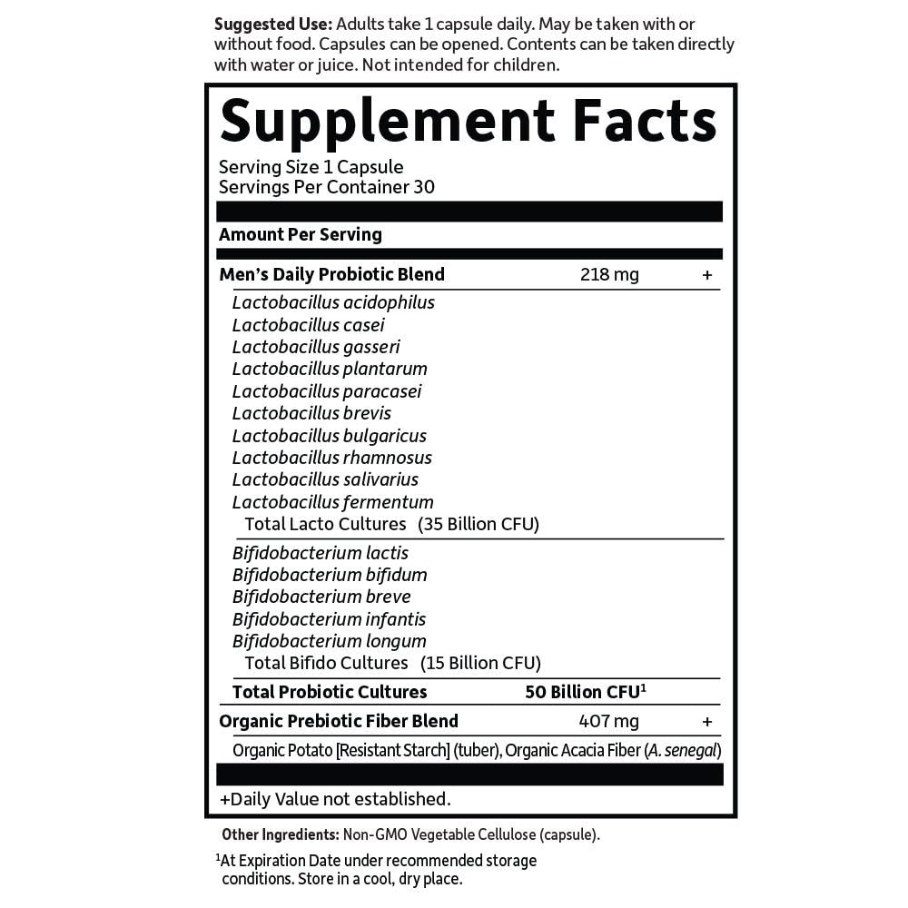 Garden Probiotics for Men - 50 Billion CFU, 15 Strains with Organic Prebiotic Fiber - Supports Digestive and Immune Health - Shelf-Stable - 30 Capsules