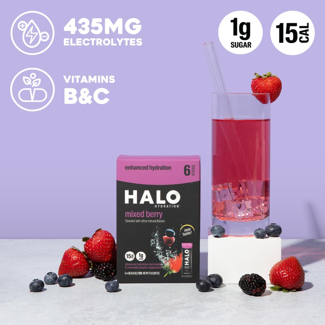 HALO Hydration - Electrolyte Drink Mix | Hydration Powder Packets | Berry Flavor - For Sports and Cycling | Easy Open Single Serving Stick | 6 Sticks