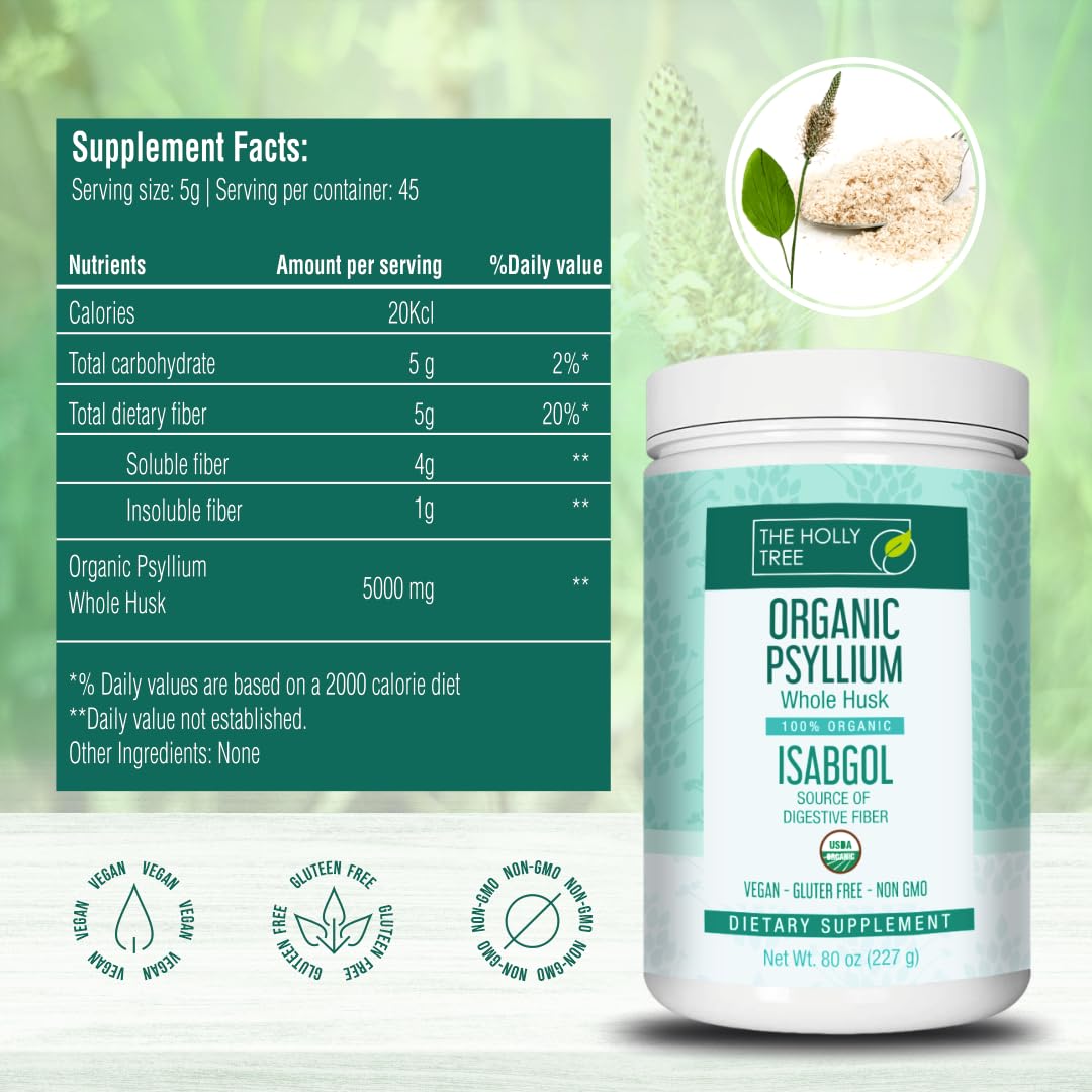 THE HOLLY TREE Organic Whole Psyllium Husk - 8 oz - Psyllium Husk Fiber for Digestive Health & Regularity - Vegan - Gluten-Free - Non-GMO - USDA Organic - Kosher - Whole Psyllium Husk Supplement