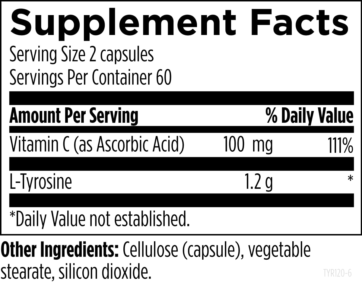 Designs for Health L-Tyrosine 1200mg - Tyrosine + 100mg Vitamin C Supplement - Dopamine Precursor Amino Acid, Non-GMO (120 Capsules)