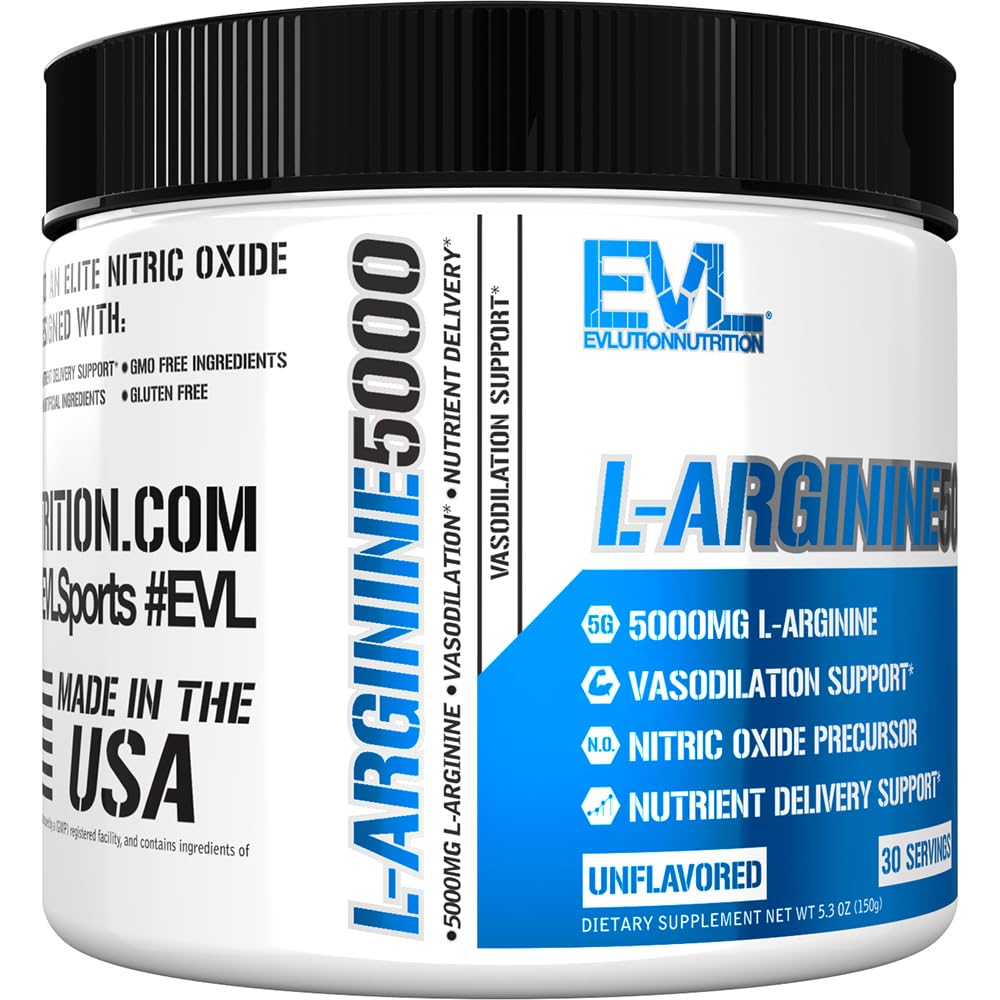 Evlution Nutrition Nitric Oxide Booster L-Arginine Supplement - High Potency Nitric Oxide Supplement with 5000mg of L Arginine for Enhanced Pumps Energy Muscle Growth and Vascularity NO Booster