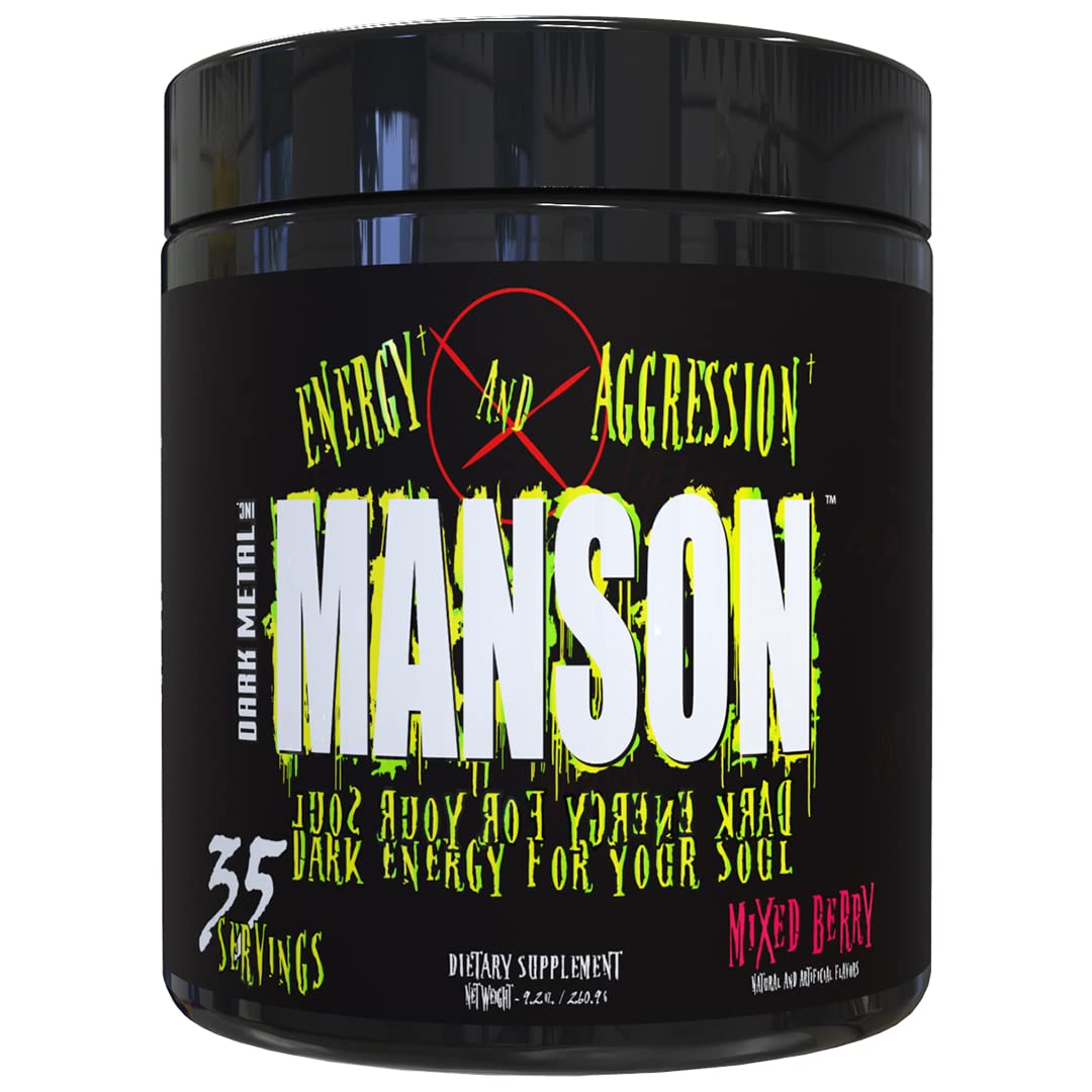 DARK METAL Inc Manson High Stim Pre Workout Powder, Energy Focus Strength, Loaded with Beta Alanine L Carnitine Caffeine Infinergy, 35 Srvgs, Mixed Berry