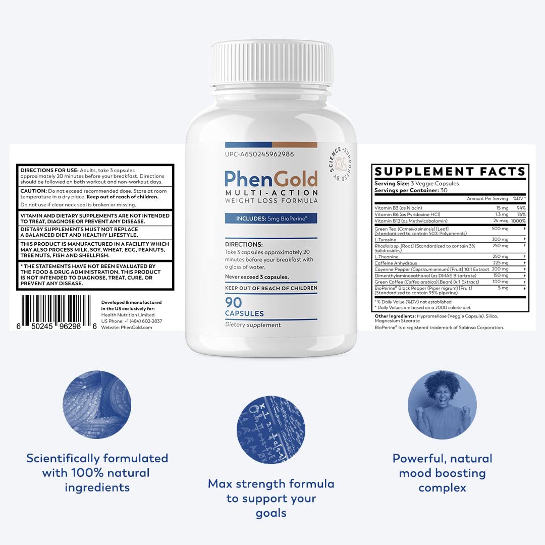 PhenGold - Natural Thermogenic Detox Cleanse Pills & Energy Supplement with Green Tea, Caffeine & Gut Health Support for Women - Boost Metabolism, Debloating & Appetite Control - 90 Capsules