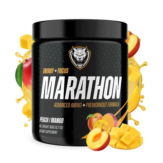 6AM Run Marathon, Pre Workout Powder for Distance Running, High Energy Amino Formula, for Cardio and Stamina, No Jitters, All Natural, Keto, Vegan, Peach Mango Flavor, 40 Servings