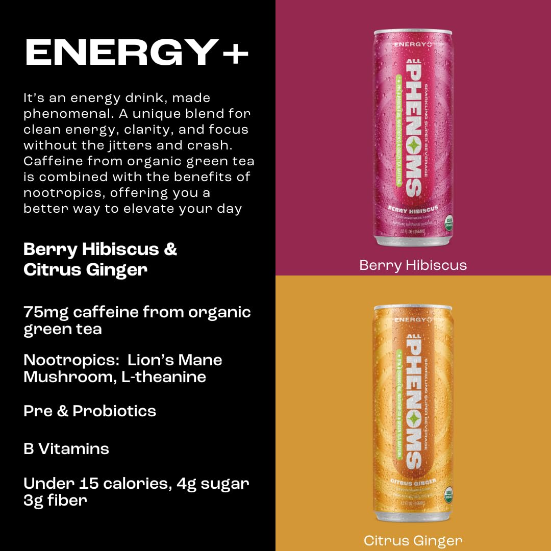 All Phenoms Energy Sparkling Organic Prebiotic  Probiotic Drink  Adaptogen Mushroom Blend 350mg Lions Mane 75mg Green Tea Caffeine 135mg LTheanine Vitamins B  Citrus Ginger 12 Pack
