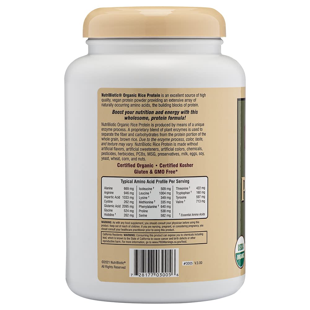 NutriBiotic Certified Organic Rice Protein Vanilla, 1 Lb. 5 Oz | Low Carbohydrate Vegan Protein Powder | Raw, Certified Kosher & Keto Friendly | Made Without Chemicals, GMOs & Gluten | Easy to Digest