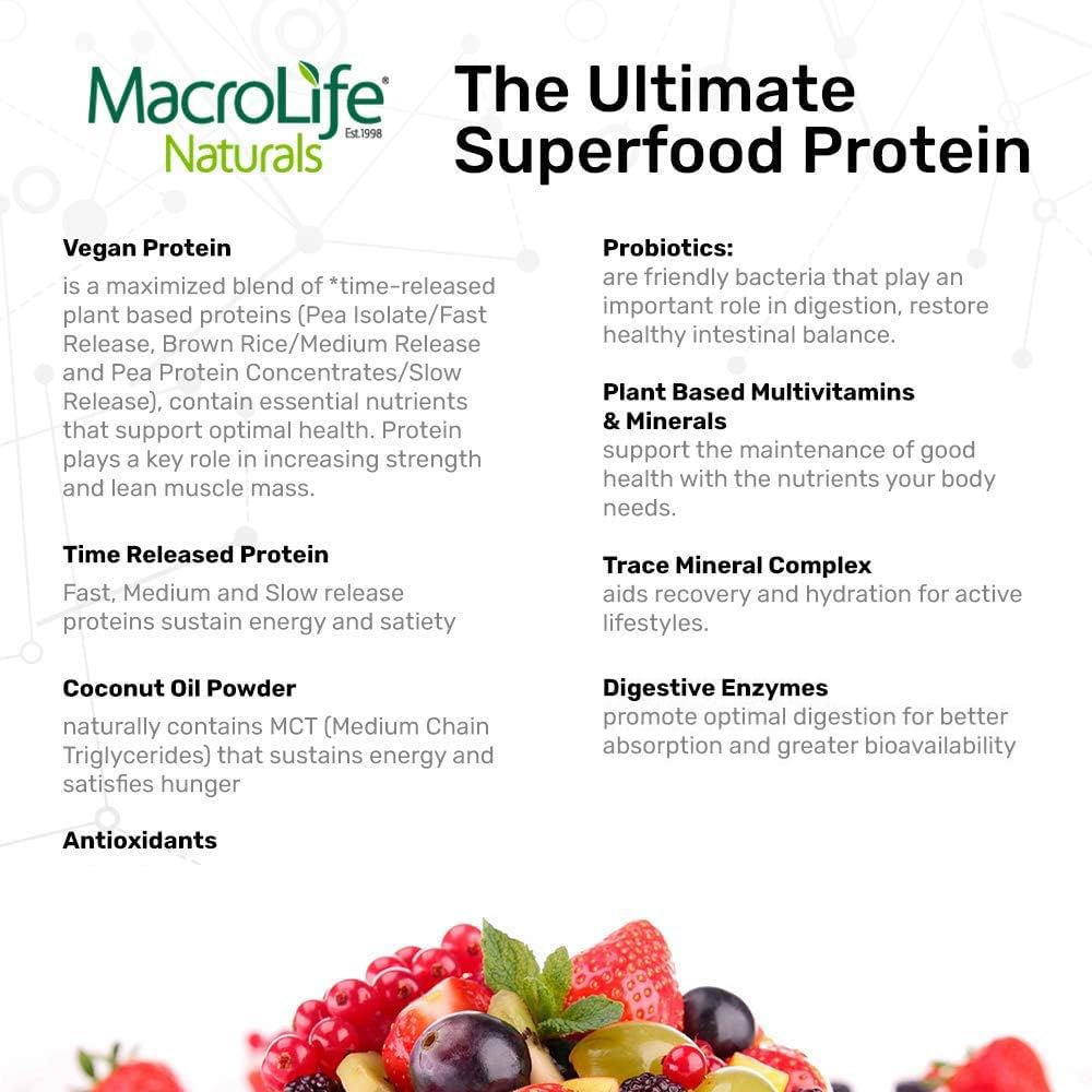 MacroLife Naturals MacroMeal Vegan Vanilla Superfood Supplement Powder Protein + Greens, Probiotics, Digestive Enzymes, Fiber - Energy, Detox, Immune - Non-GMO, Gluten-Free- 10 Packet Servings