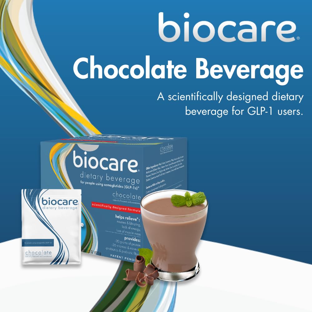 Biocare Nutritional Beverage for GLP-1 Users, Dietary Powder Drink Provides 20g Essential Protein, 26 Vitamins/Minerals, Helps Ease Nausea, Bloating, Constipation, Chocolate (14 Count)