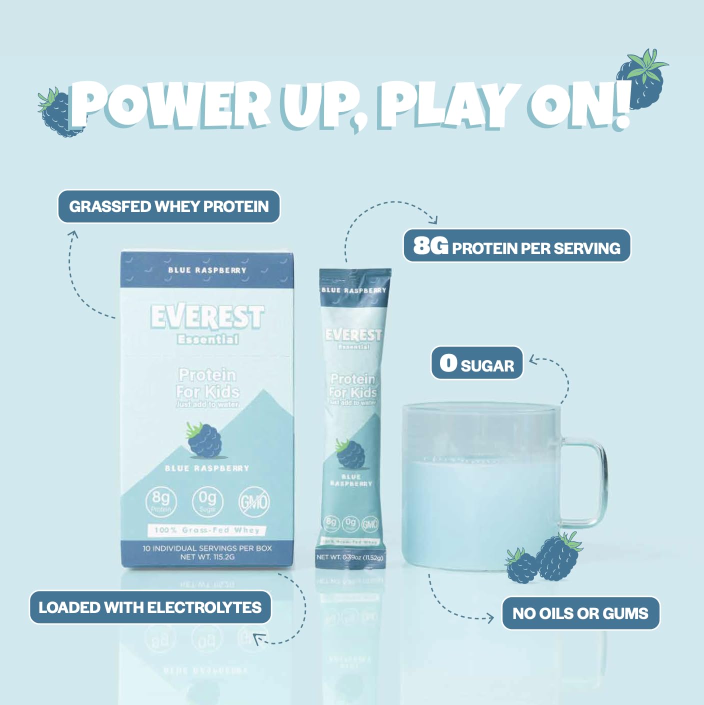 Everest Essential, Kid's Clear Whey Protein Powder (Blue Raspberry, 10 Packets) Protein Drink Mix for Kids, Electrolytes for Kids, 8g Protein Per Serving, Non GMO, Zero Added Sugar