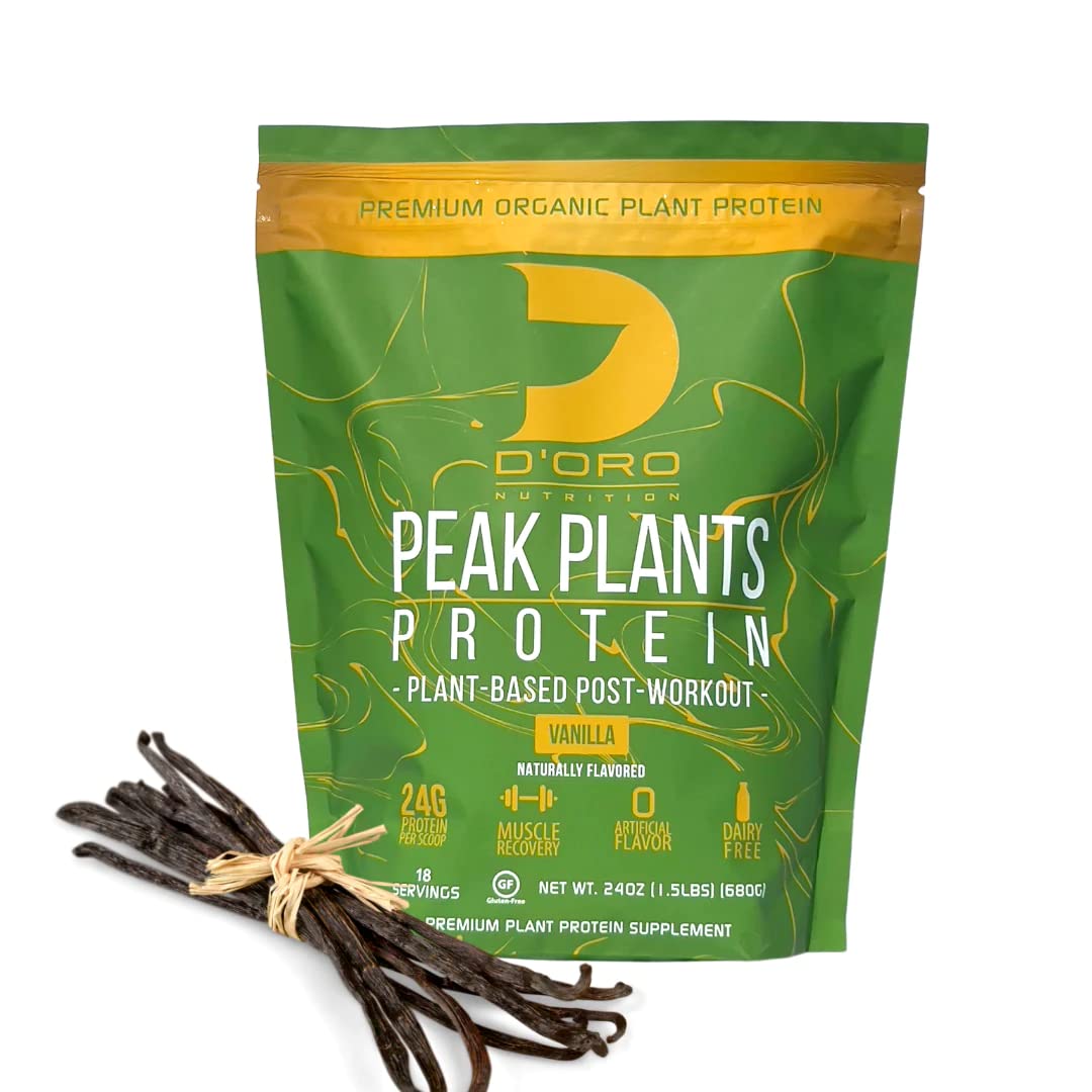 D’Oro Nutrition - Peak Plant Protein Powder - Vanilla Flavor - Plant-Based Post Workout - Premium Organic Protein Shakes - 22G of Protein Per Scoop